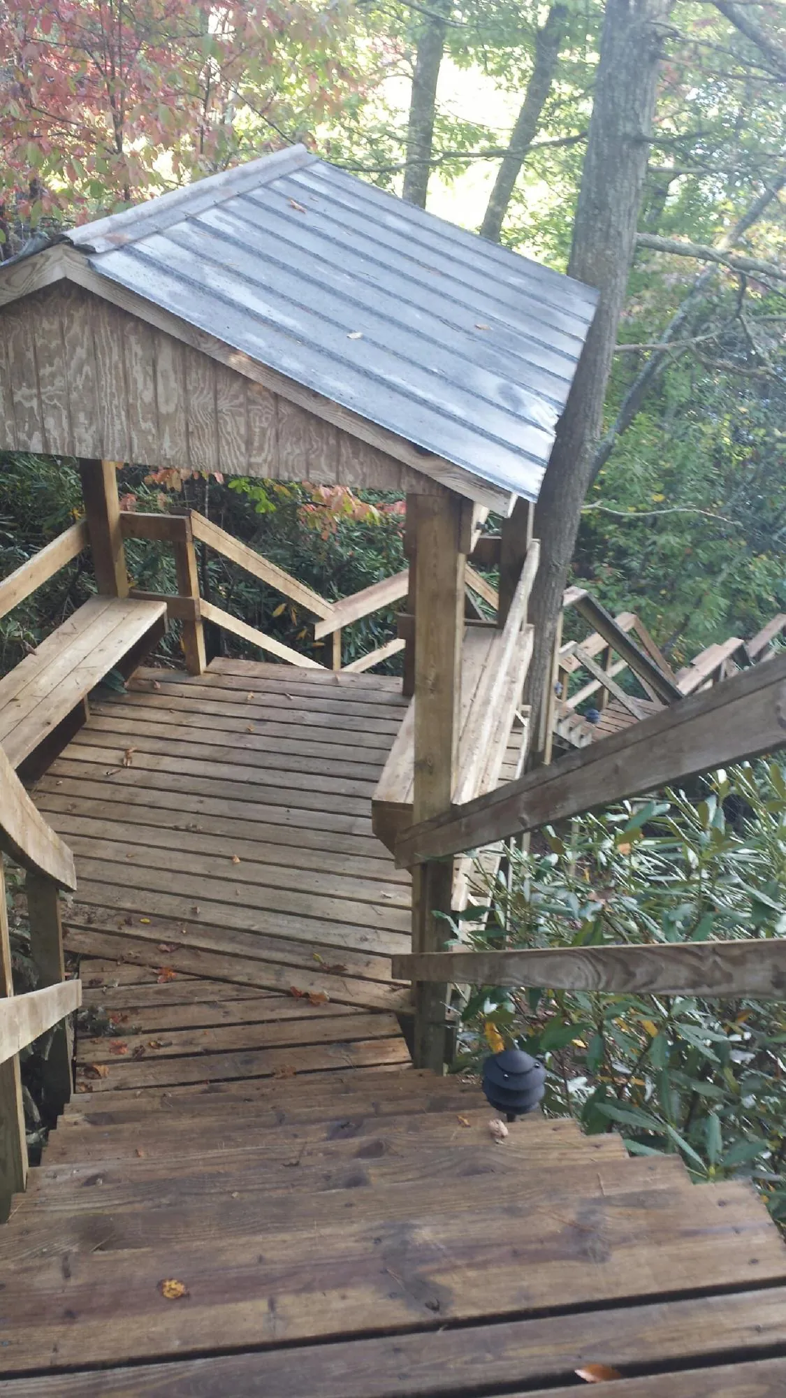 Metal roofed shelter over wooden steps on a wooded walkway — Skylight Repair & Installation work by our crew in Silver Point